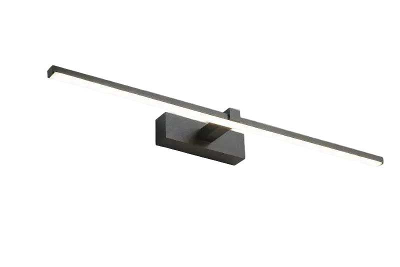 Modern bathroom mirror light fixture above a double sink.