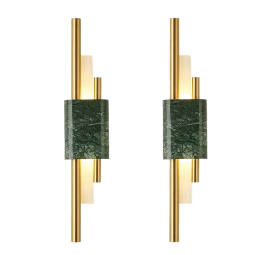 Two wall sconces with green marble accents and gold finishes on a white background