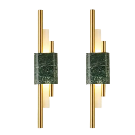 Two wall sconces with green marble accents and gold finishes on a white background