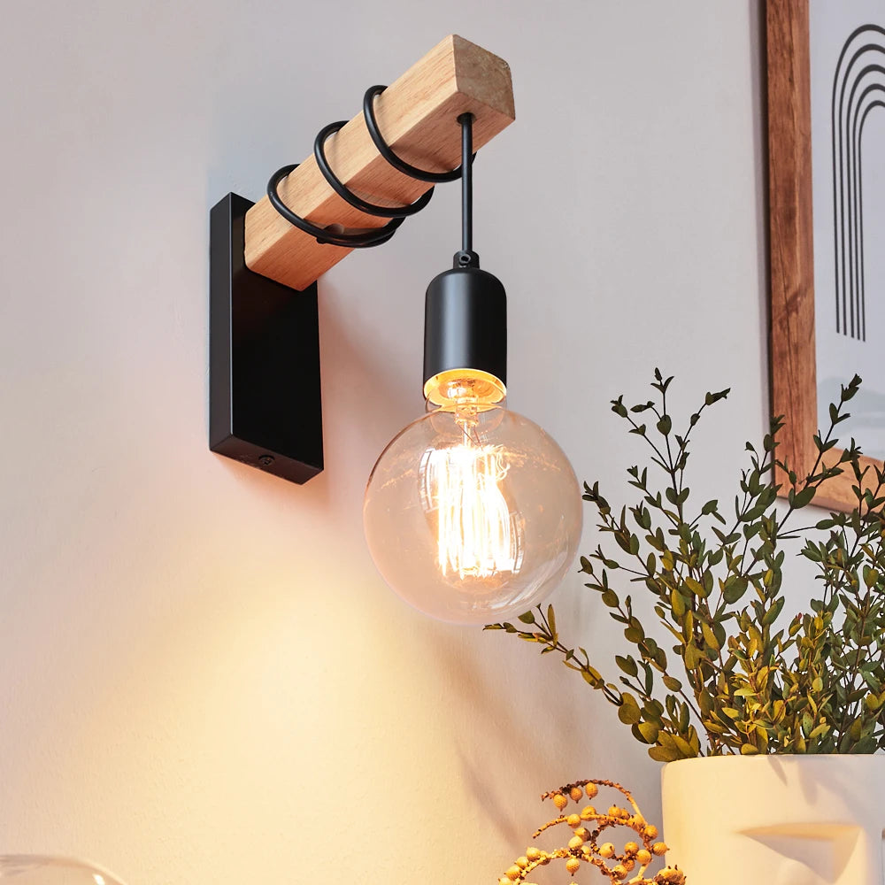 Modern Retro Wood Wall Sconce – E27 Vintage Light for Bedroom, Living Room & Hallways