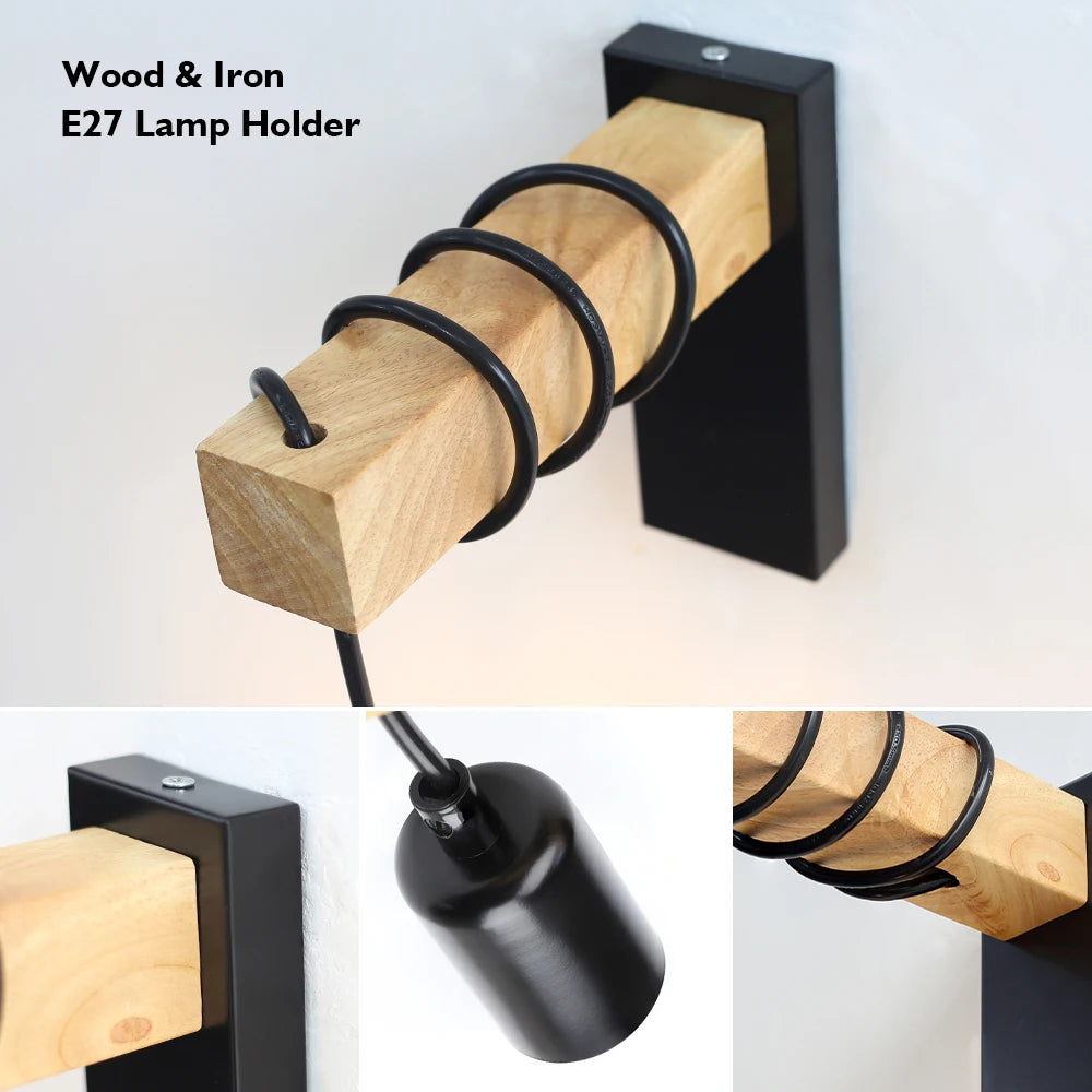 Modern Retro Wood Wall Sconce – E27 Vintage Light for Bedroom, Living Room & Hallways