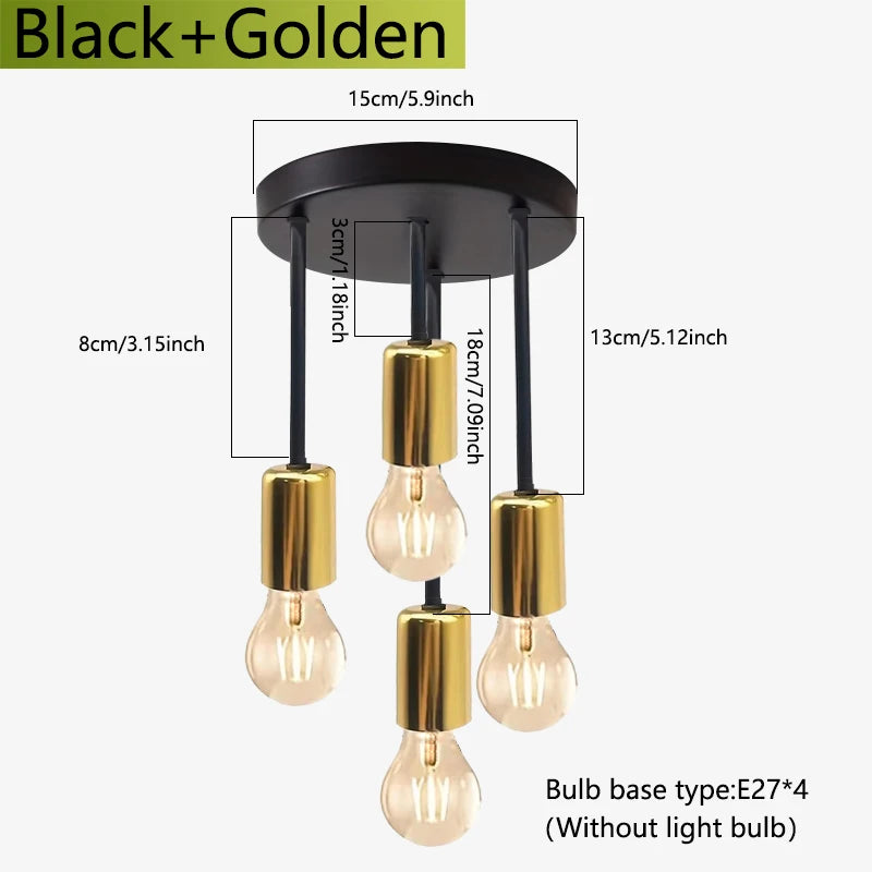 Black and gold pendant light fixture with measurements on a white background