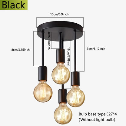 Black pendant light fixture with three bulbs and measurements on a white background