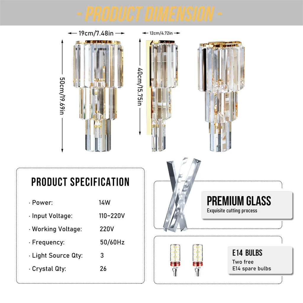Modern Crystal Wall Lamp – 3-Layer E14 LED Sconce
