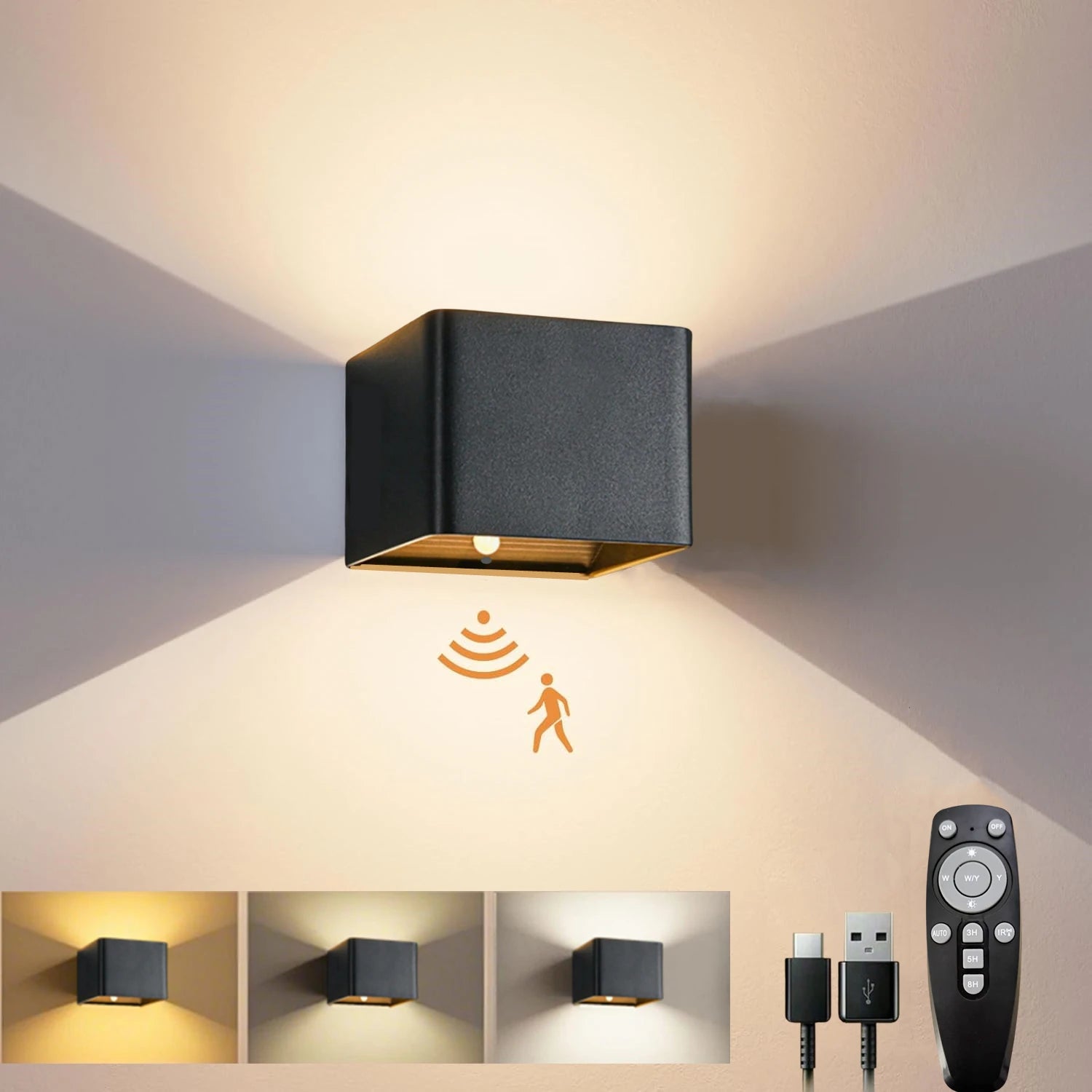 Modern Wireless LED Wall Lamp – Motion Activated, Rechargeable, Remote Dimmable