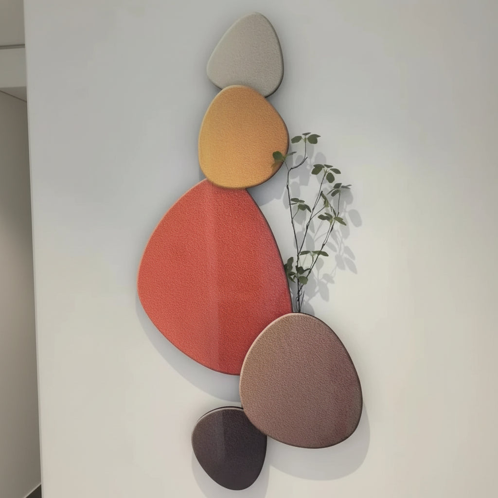 Colorful abstract wall art with geometric shapes on a plain background