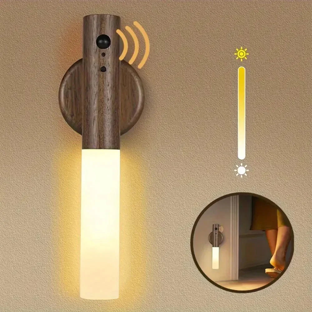 Magnetic Motion Sensor Wall Sconce – Rechargeable Wooden Light