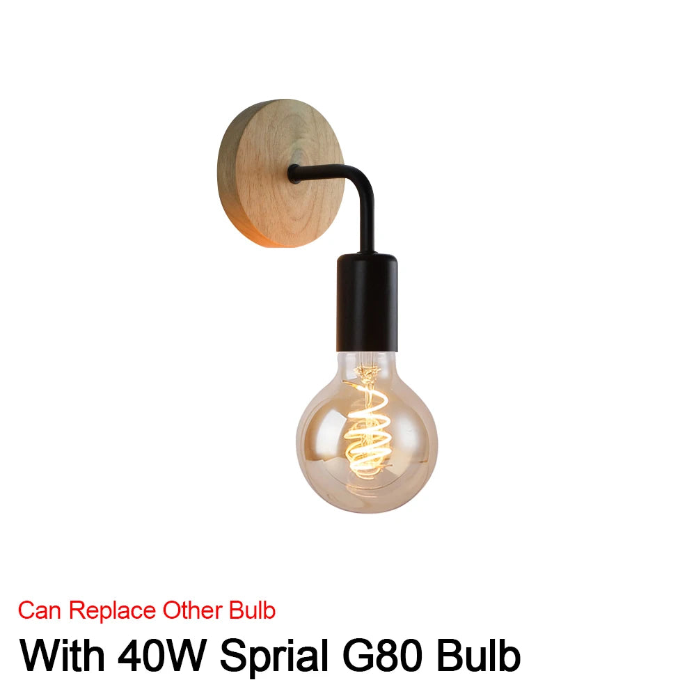 Modern Retro Wood Wall Sconce – E27 Vintage Light for Bedroom, Living Room & Hallways